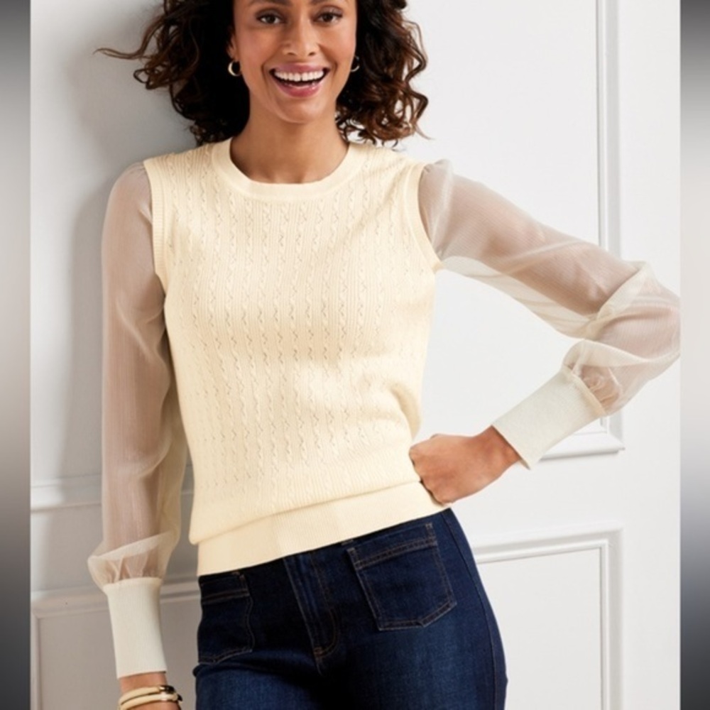 Talbots Womens Woven Sleeves Crewneck Pullover Sweaters in ivory size Large